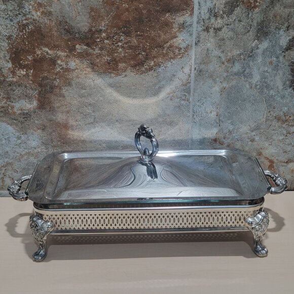 Silver Plated Rectangular Chafing Dish Glass Insert Decorative Scrollwork Accent - Picture 11 of 11